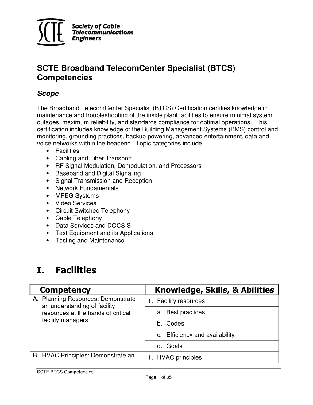 SCTE Broadband Telecomcenter Specialist (BTCS) Competencies