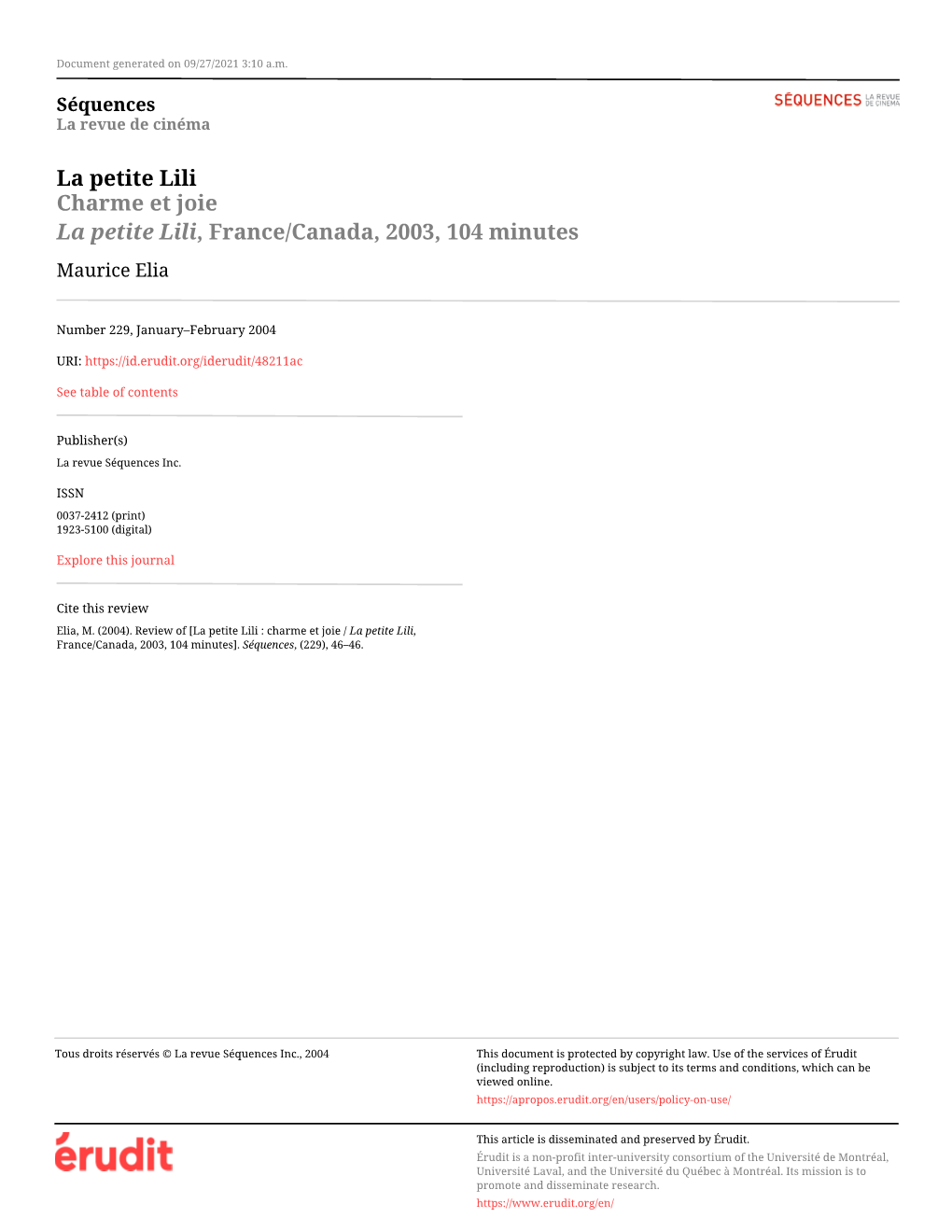 La Petite Lili Charme Et Joie La Petite Lili, France/Canada, 2003, 104 Minutes Maurice Elia