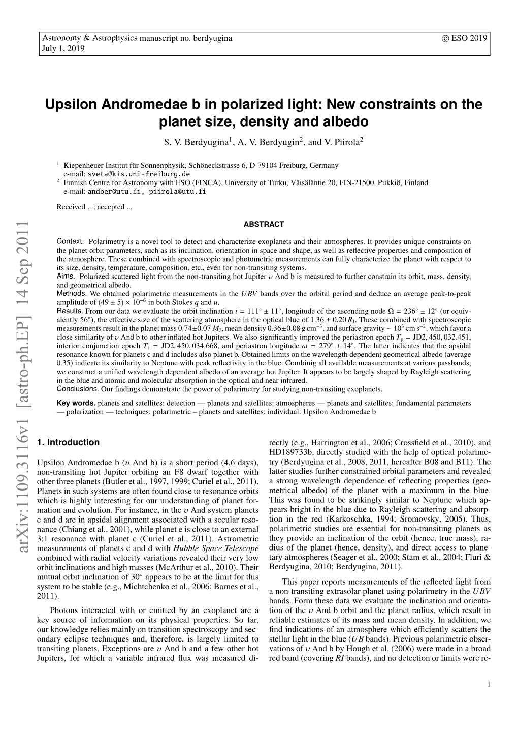 Upsilon Andromedae B in Polarized Light: New Constraints on the Planet Size, Density and Albedo S