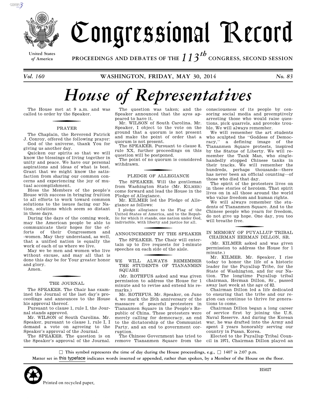 Congressional Record United States Th of America PROCEEDINGS and DEBATES of the 113 CONGRESS, SECOND SESSION