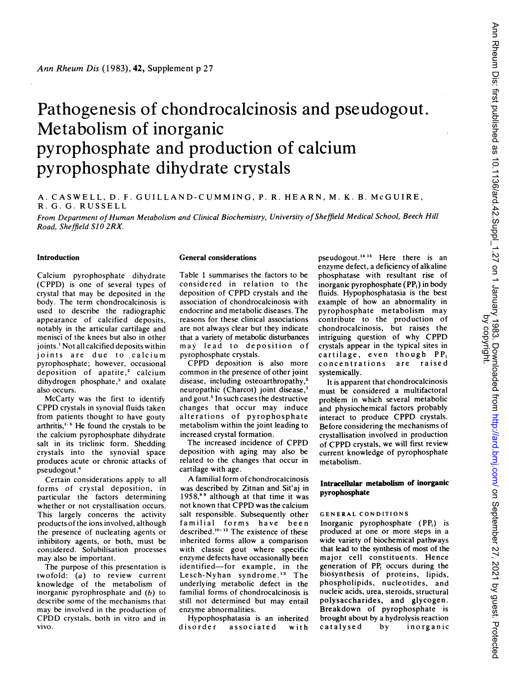 Pathogenesis of Chondrocalcinosis and Pseudogout. Metabolism of Inorganic Pyrophosphate and Production of Calcium Pyrophosphate Dihydrate Crystals