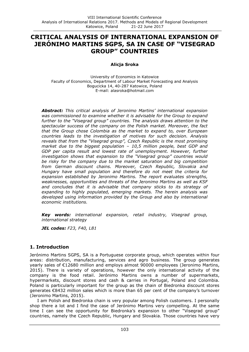 Critical Analysis of International Expansion of Jerónimo Martins Sgps, Sa in Case of “Visegrad Group” Countries