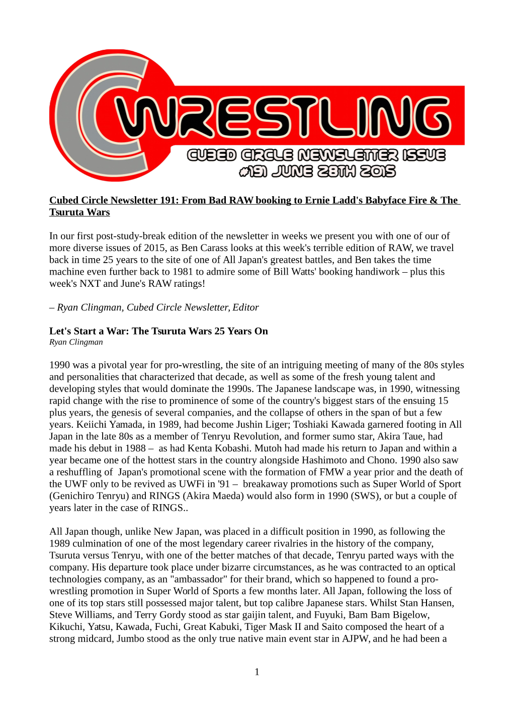 Cubed Circle Newsletter 191: from Bad RAW Booking to Ernie Ladd's Babyface Fire & the Tsuruta Wars