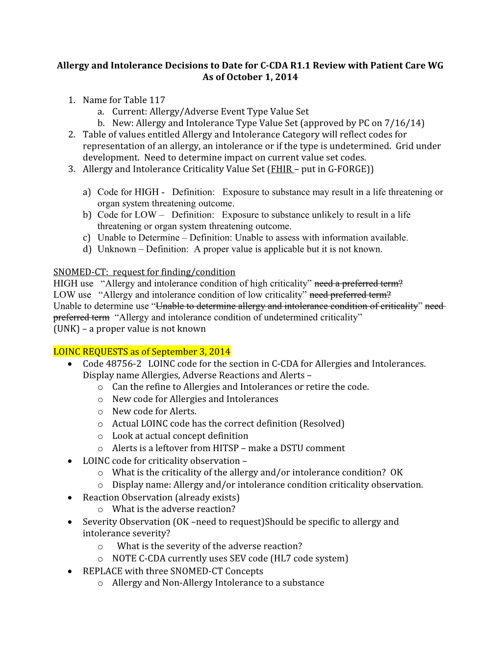 Allergy and Intolerance Decisions to Date for C-CDA R1.1 Review with Patient Care WG