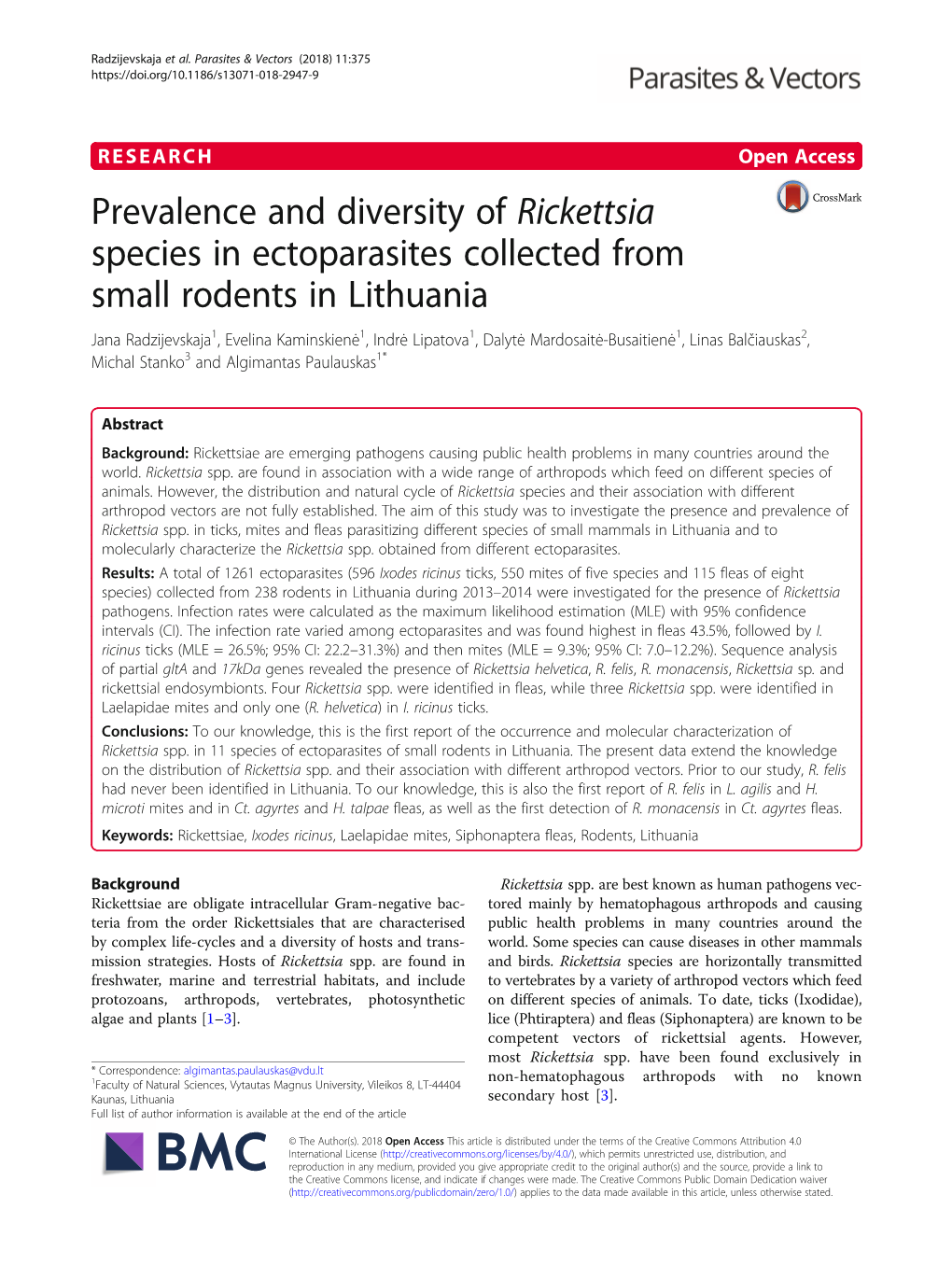 Prevalence and Diversity of Rickettsia Species in Ectoparasites Collected