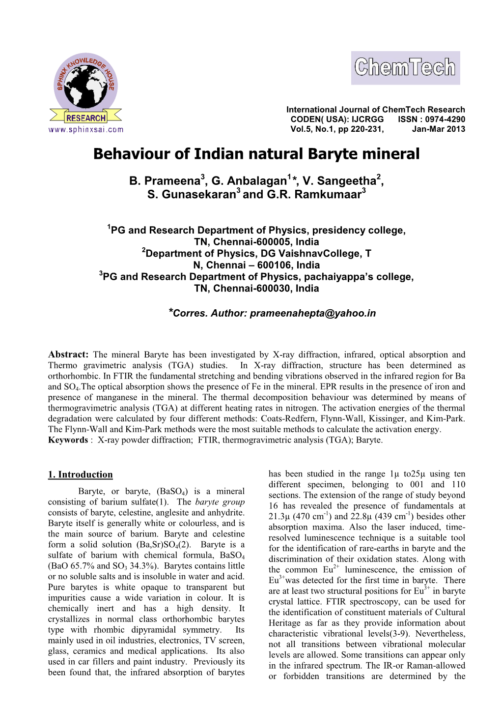 Behaviour of Indian Natural Baryte Mineral