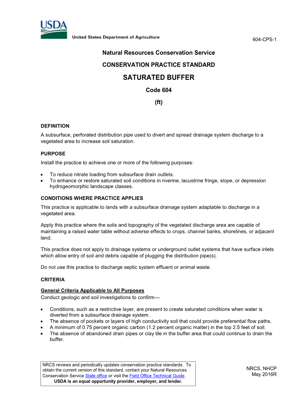 NRCS Conservation Practice Standard Saturated Buffer (Code 604)