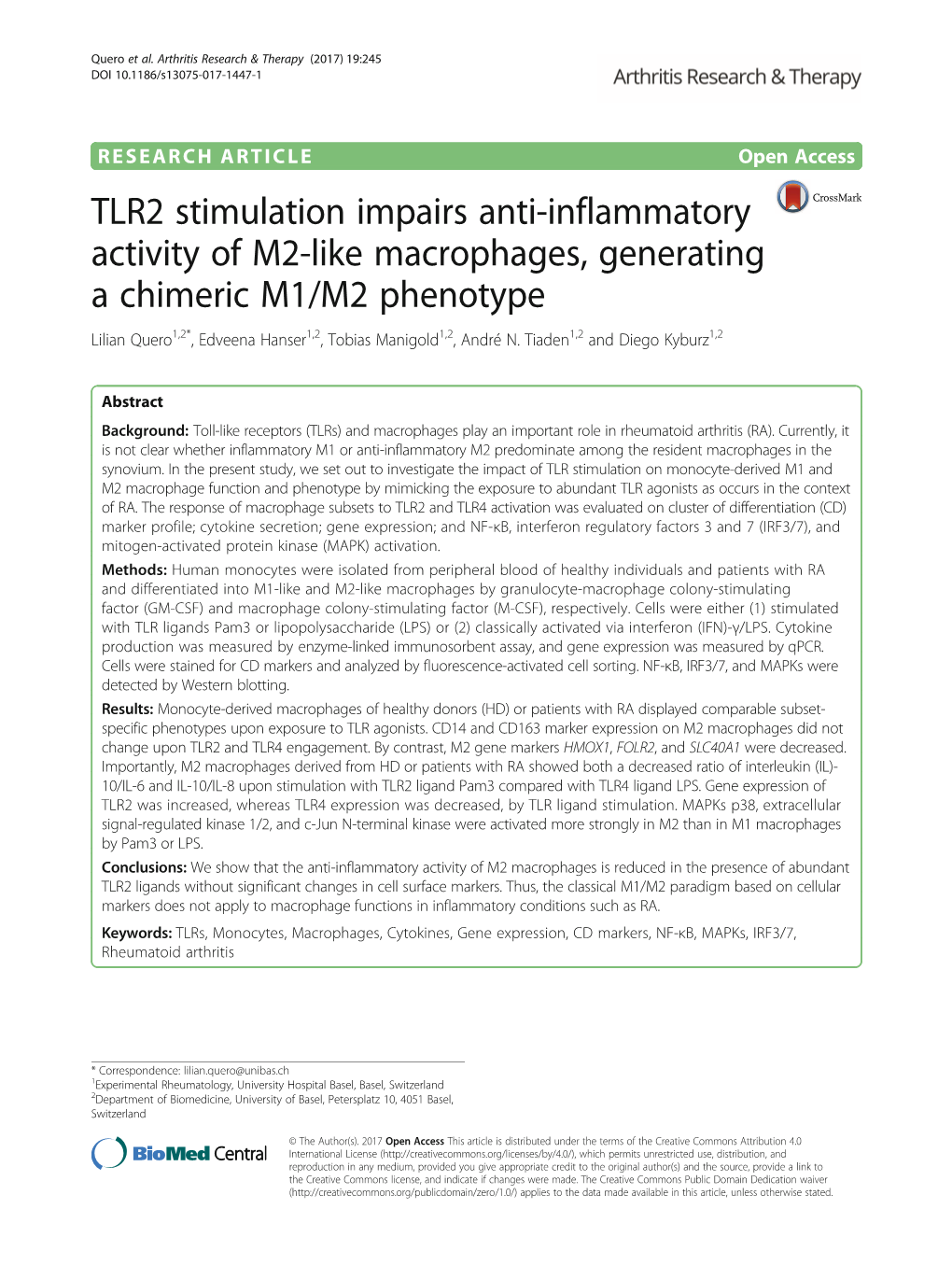 TLR2 Stimulation Impairs Anti-Inflammatory Activity of M2-Like Macrophages, Generating a Chimeric M1/M2 Phenotype