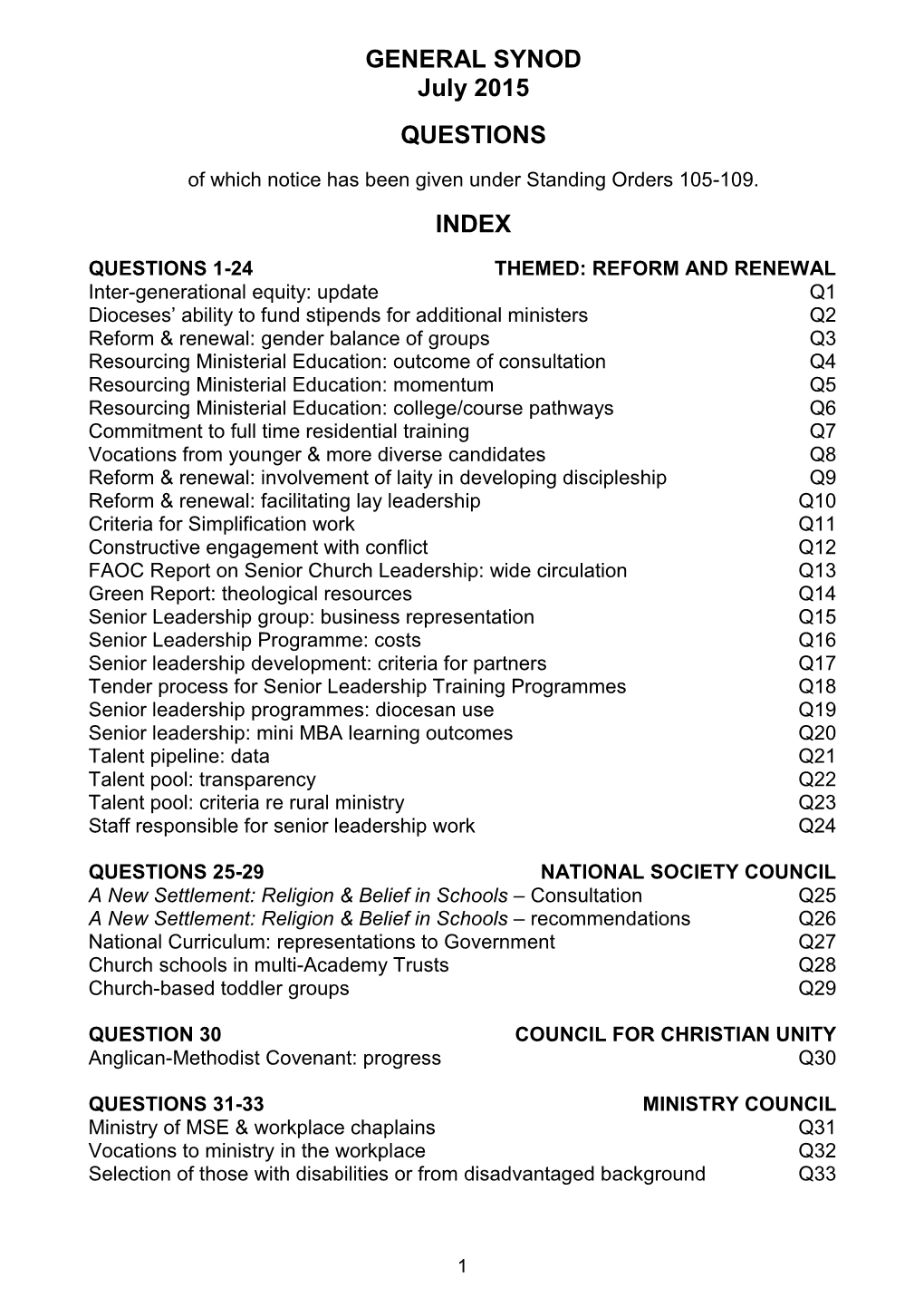 GENERAL SYNOD July 2015 QUESTIONS