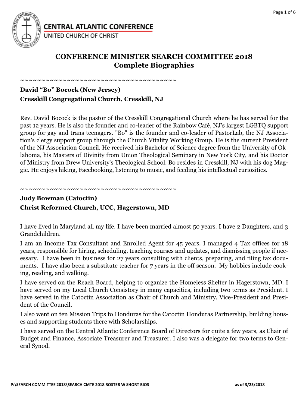 CONFERENCE MINISTER SEARCH COMMITTEE 2018 Complete Biographies