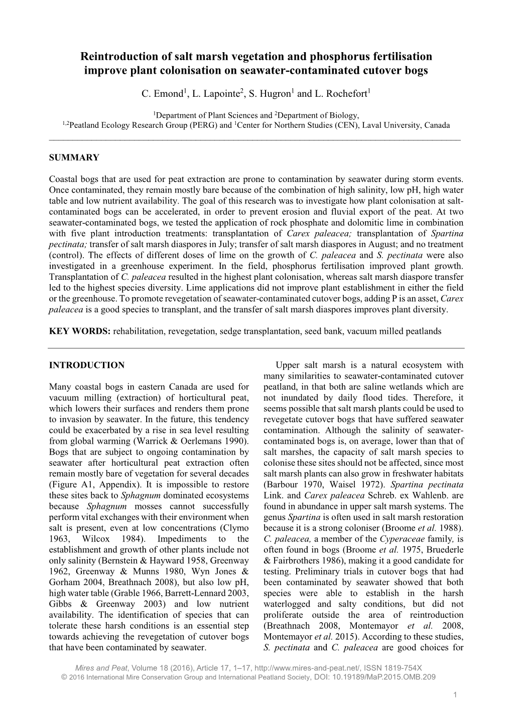 Reintroduction of Salt Marsh Vegetation and Phosphorus Fertilisation Improve Plant Colonisation on Seawater-Contaminated Cutover Bogs