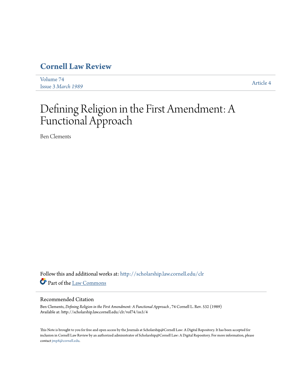 Defining Religion in the First Amendment: a Functional Approach Ben Clements