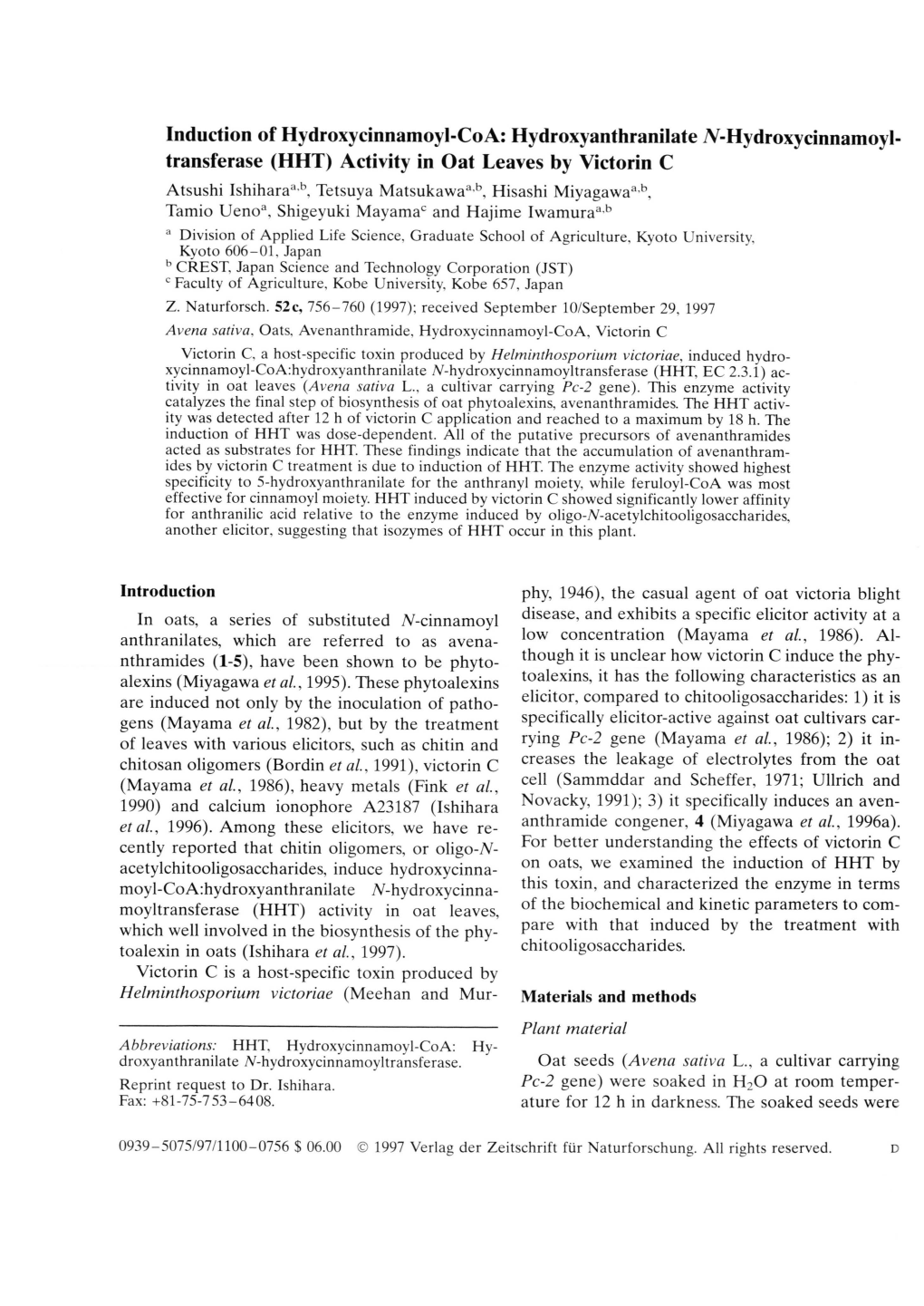 Induction of Hydroxycinnamoyl-Coa: Hydroxyanthranilate N