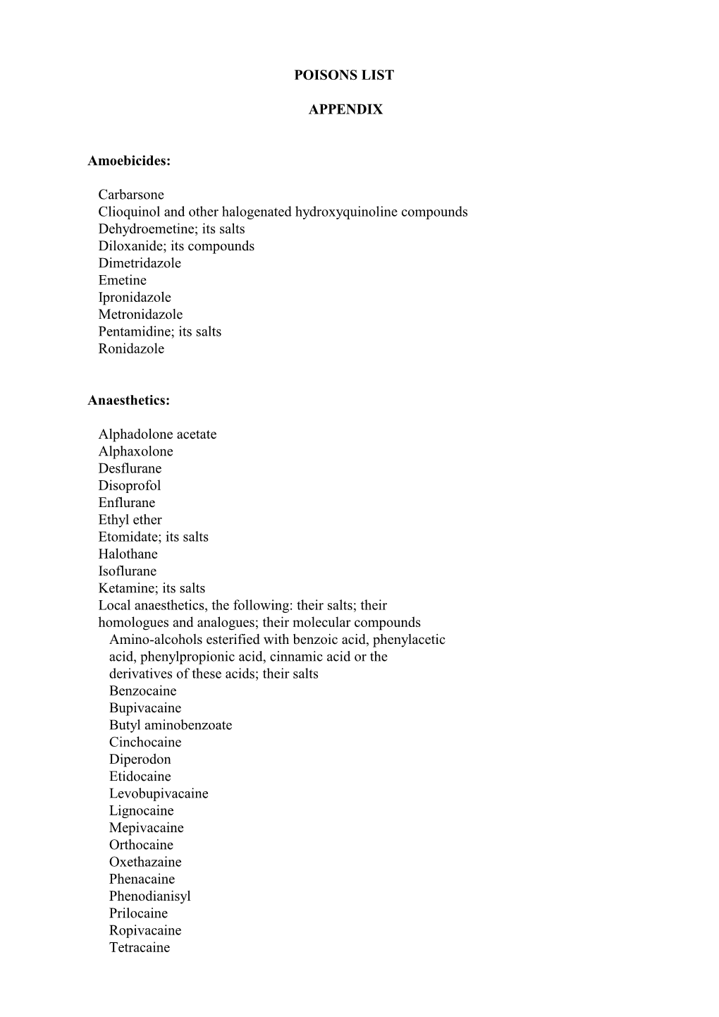 POISONS LIST APPENDIX Amoebicides