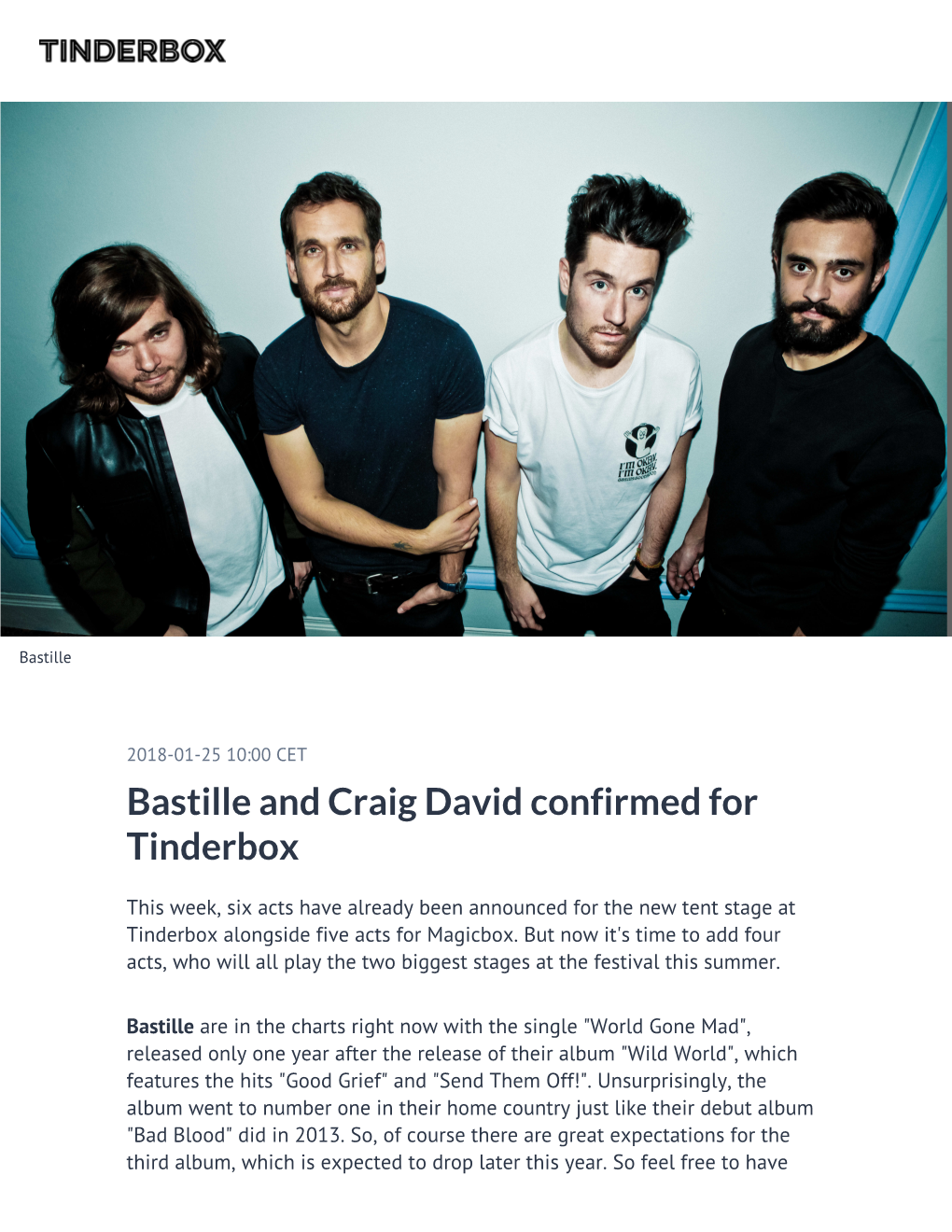 Bastille and Craig David Confirmed for Tinderbox