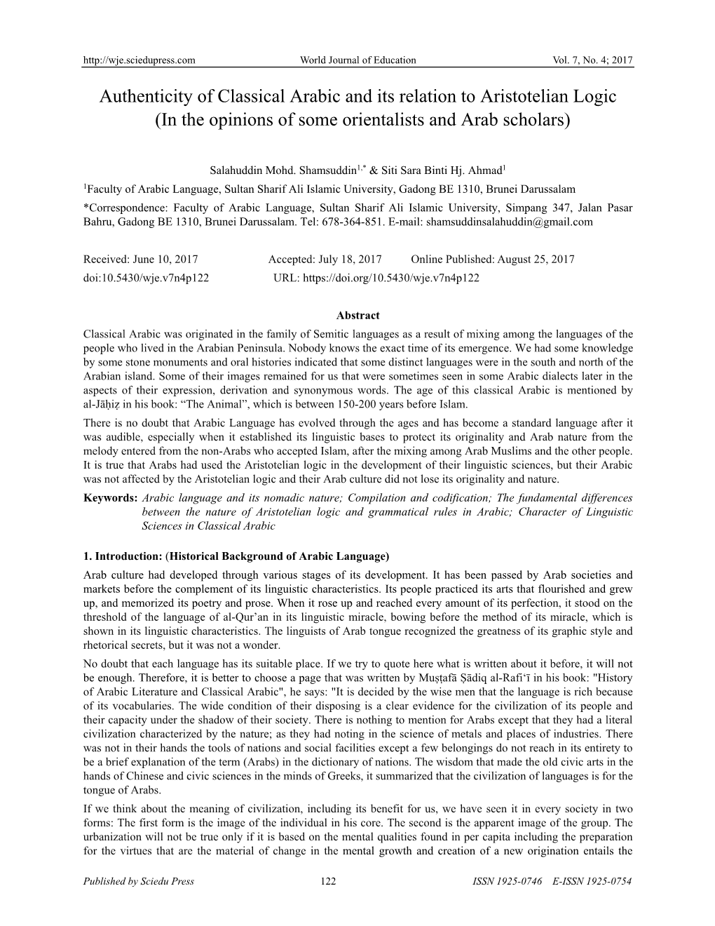 Authenticity of Classical Arabic and Its Relation to Aristotelian Logic (In the Opinions of Some Orientalists and Arab Scholars)