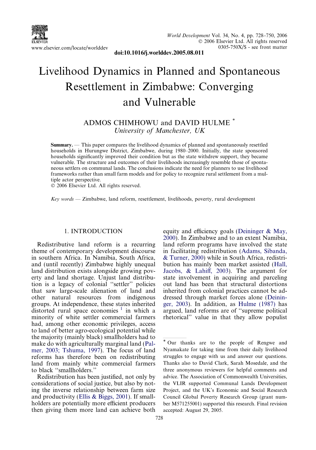 Livelihood Dynamics in Planned and Spontaneous Resettlement in Zimbabwe: Converging and Vulnerable