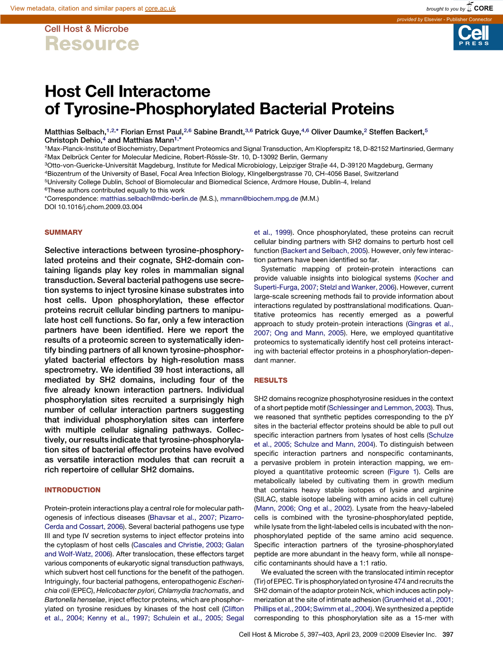 Host Cell Interactome of Tyrosine-Phosphorylated Bacterial Proteins