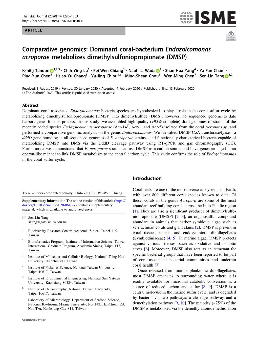 Comparative Genomics: Dominant Coral-Bacterium Endozoicomonas Acroporae Metabolizes Dimethylsulfoniopropionate (DMSP)