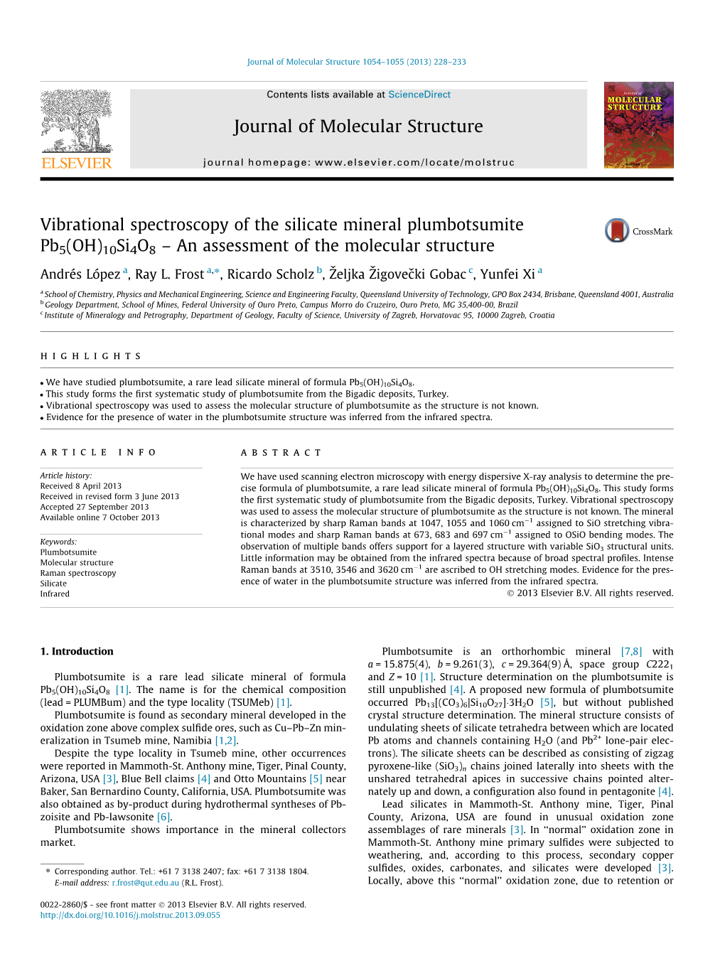 Vibrational Spectroscopy of the Silicate Mineral Plumbotsumite Pb5(OH