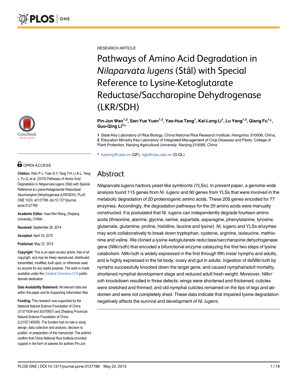 Pathways of Amino Acid Degradation in Nilaparvata Lugens (Stål) with Special Reference to Lysine-Ketoglutarate Reductase/Saccharopine Dehydrogenase (LKR/SDH)