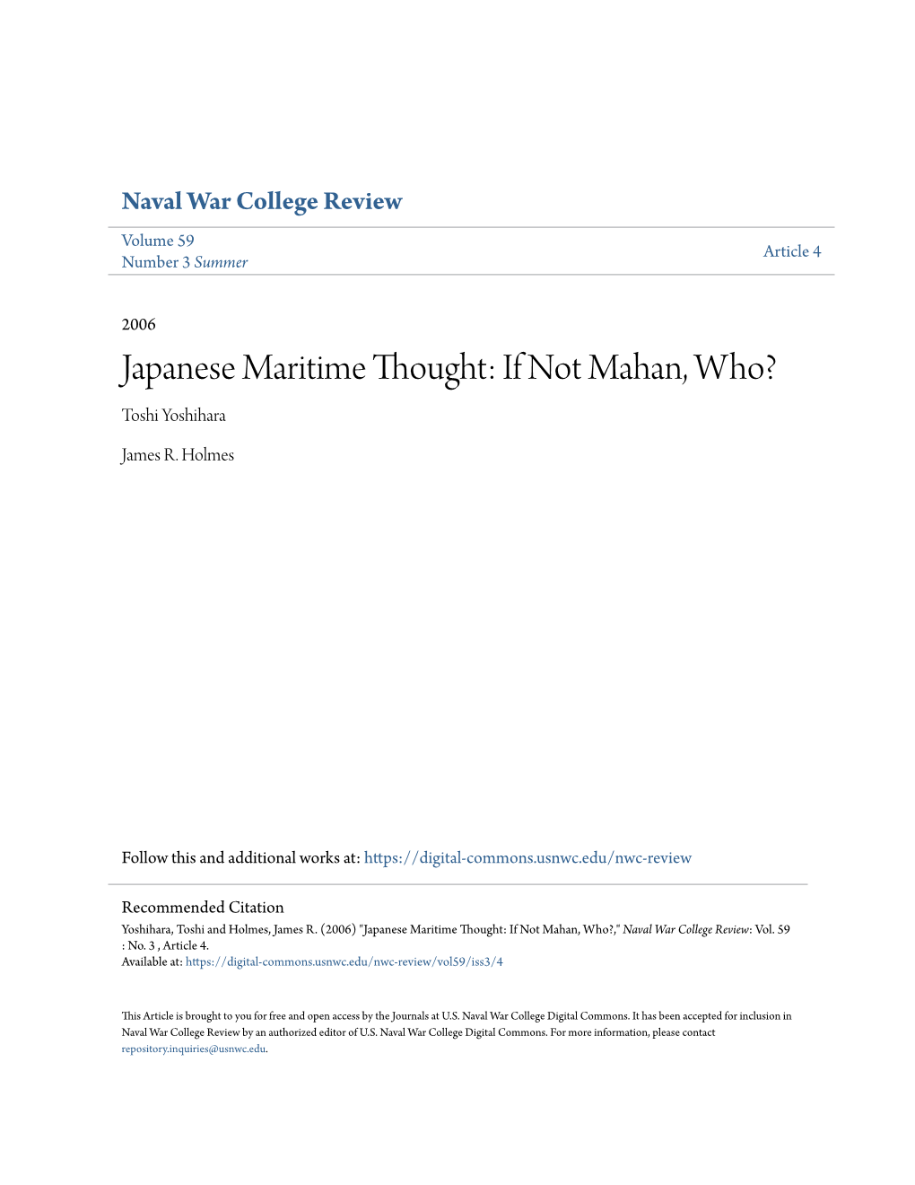 Japanese Maritime Thought: If Not Mahan, Who? Toshi Yoshihara