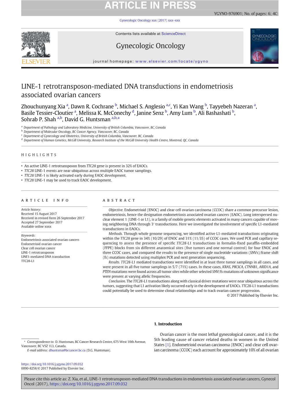 LINE-1 Retrotransposon-Mediated DNA Transductions in Endometriosis Associated Ovarian Cancers