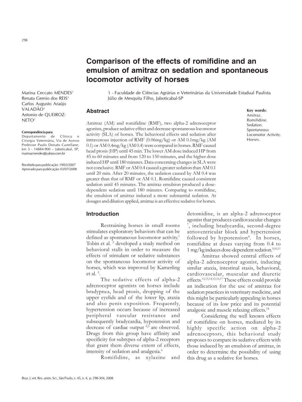 Comparison of the Effects of Romifidine and an Emulsion of Amitraz on Sedation and Spontaneous Locomotor Activity of Horses