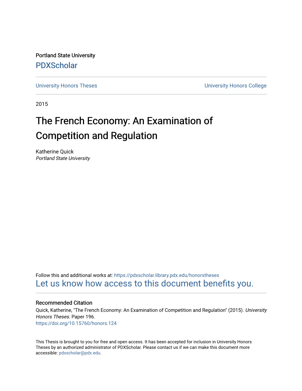 The French Economy: an Examination of Competition and Regulation