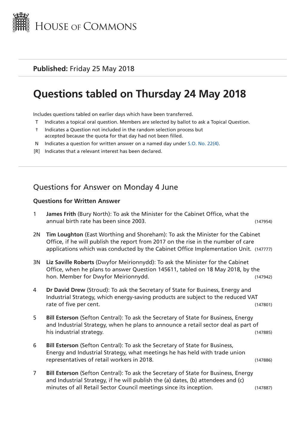 Questions Tabled on Thu 24 May 2018