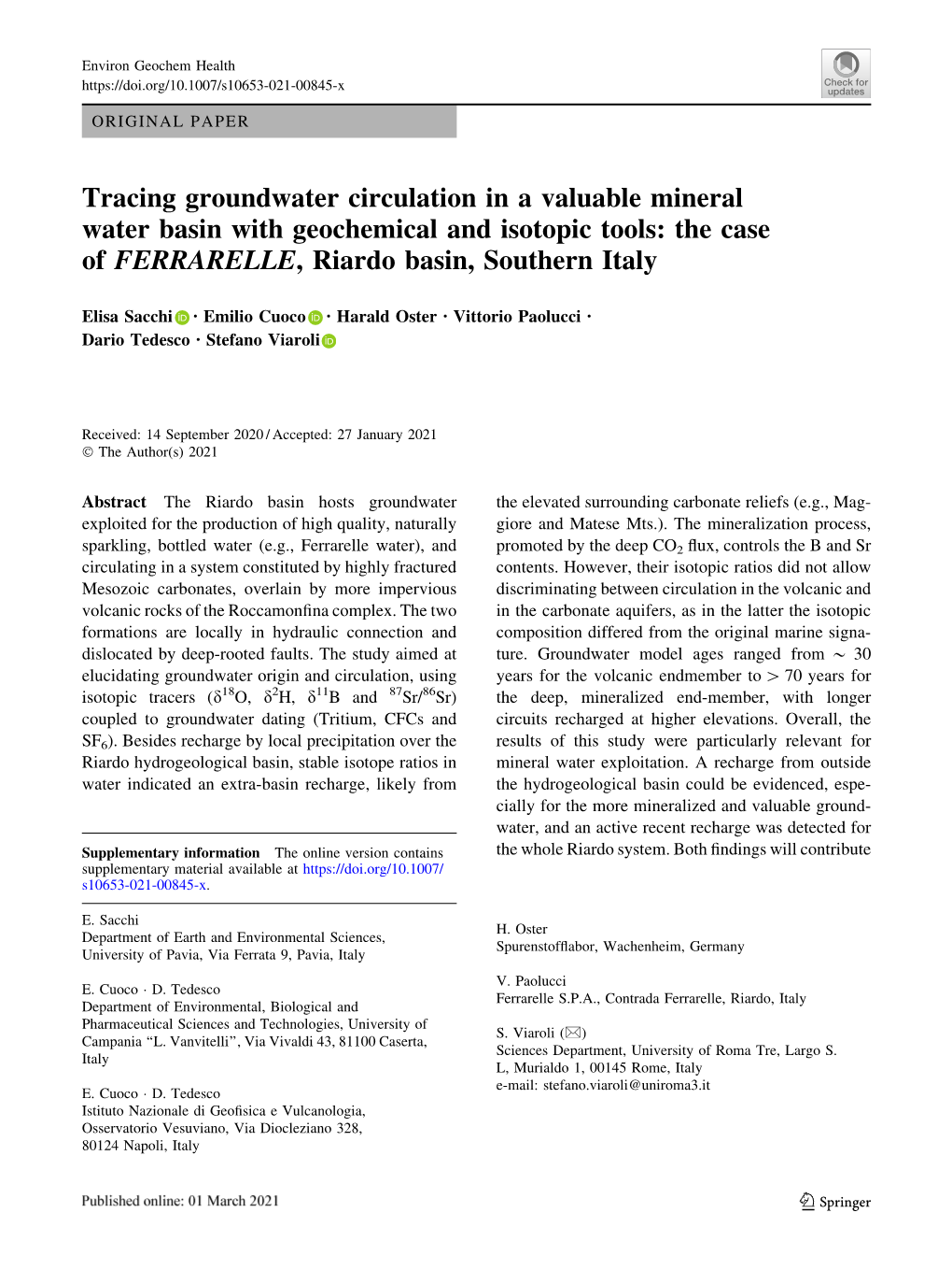 Tracing Groundwater Circulation in a Valuable Mineral Water Basin with Geochemical and Isotopic Tools: the Case of FERRARELLE, Riardo Basin, Southern Italy