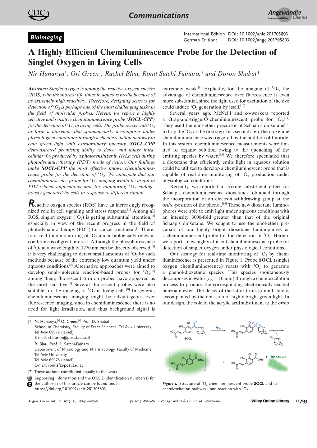 A Highly Efficient Chemiluminescence Probe for the Detection of Singlet Oxygen in Living Cells