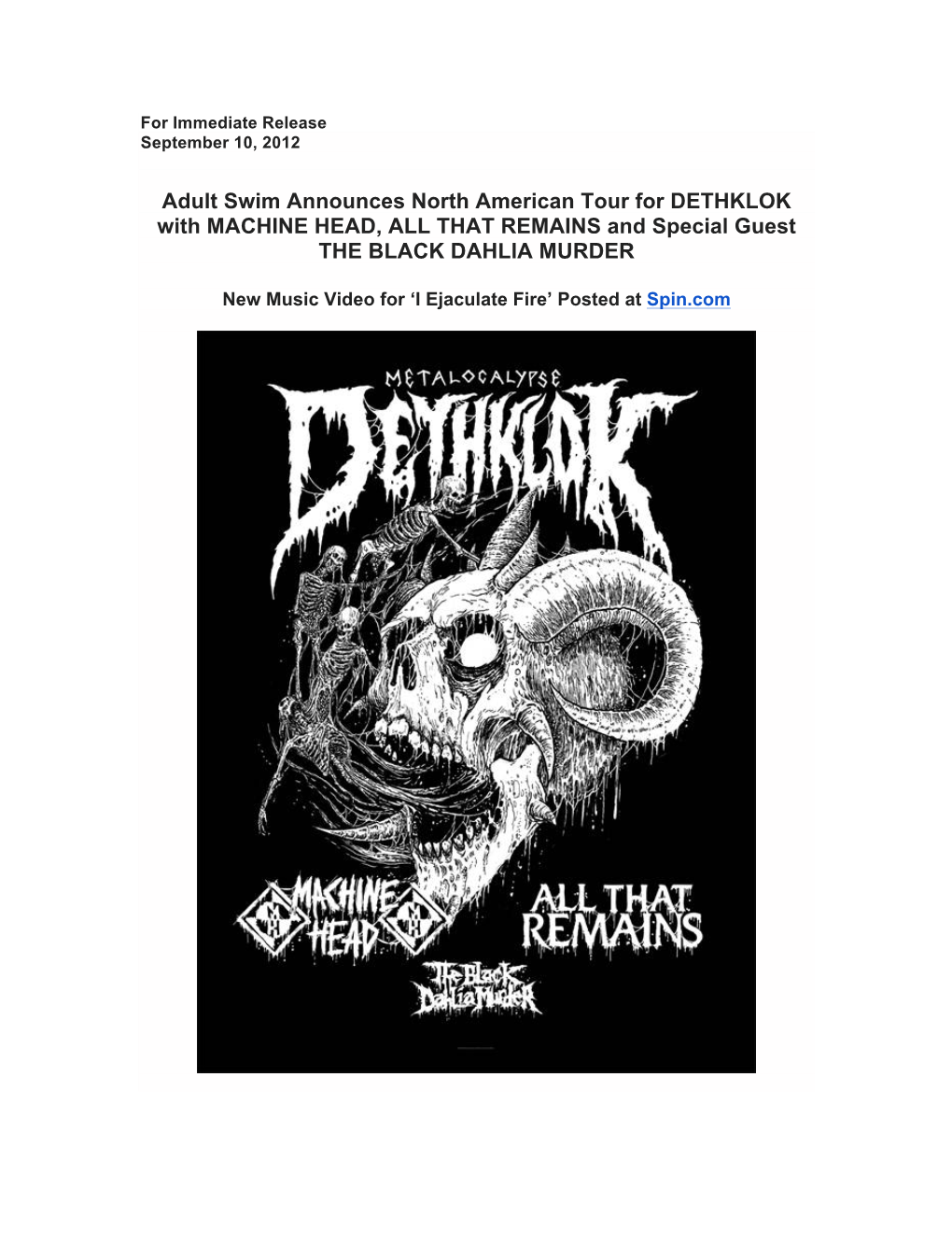 Adult Swim Announces North American Tour for DETHKLOK with MACHINE HEAD, ALL THAT REMAINS and Special Guest the BLACK DAHLIA MURDER