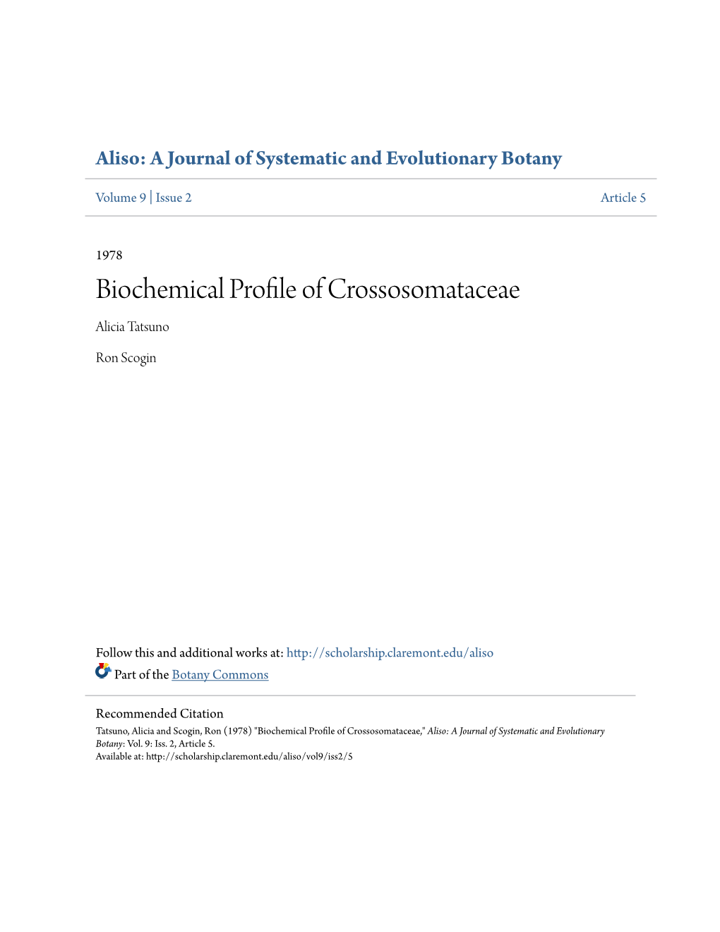 Biochemical Profile of Crossosomataceae Alicia Tatsuno