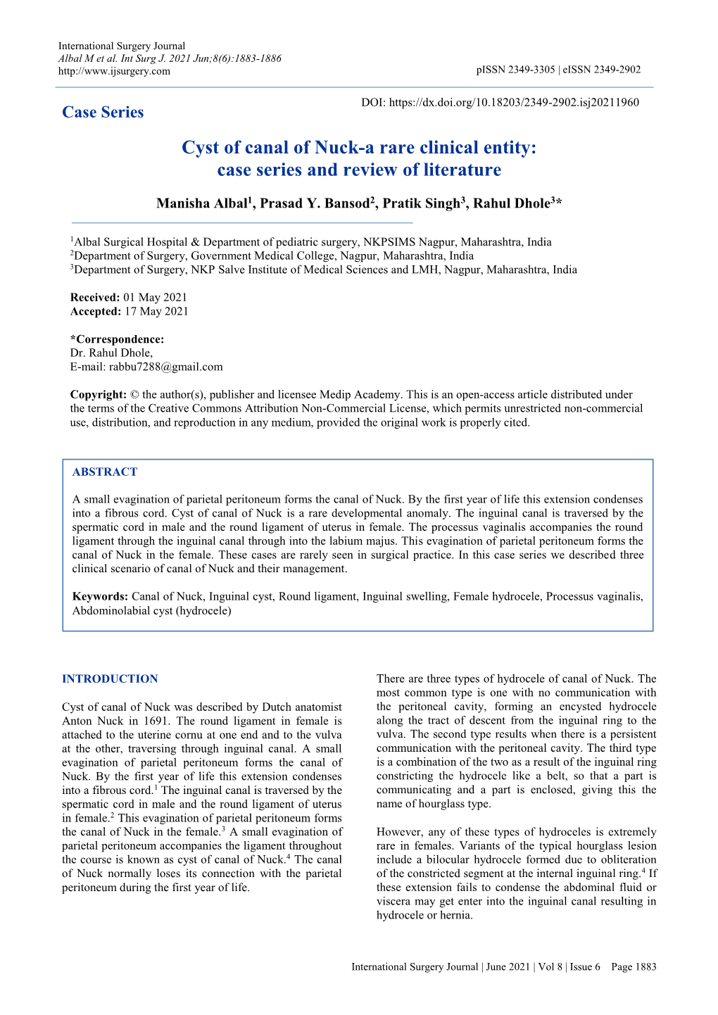 Cyst of Canal of Nuck-A Rare Clinical Entity: Case Series and Review of Literature