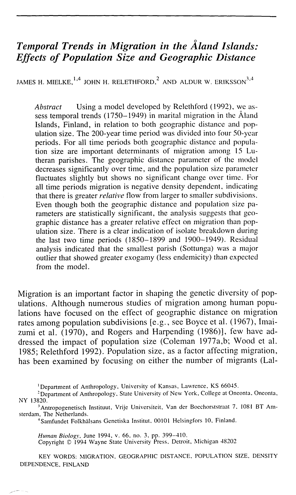 Temporal Trends in Migration in the Aland Islands: Effects of Population Size and Geographic Distance