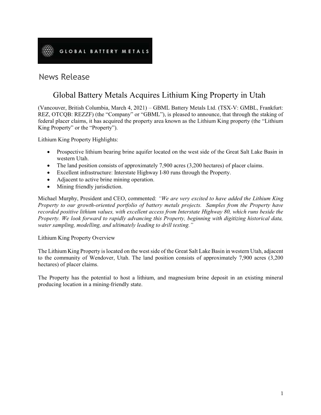 Global Battery Metals Acquires Lithium King Property in Utah News