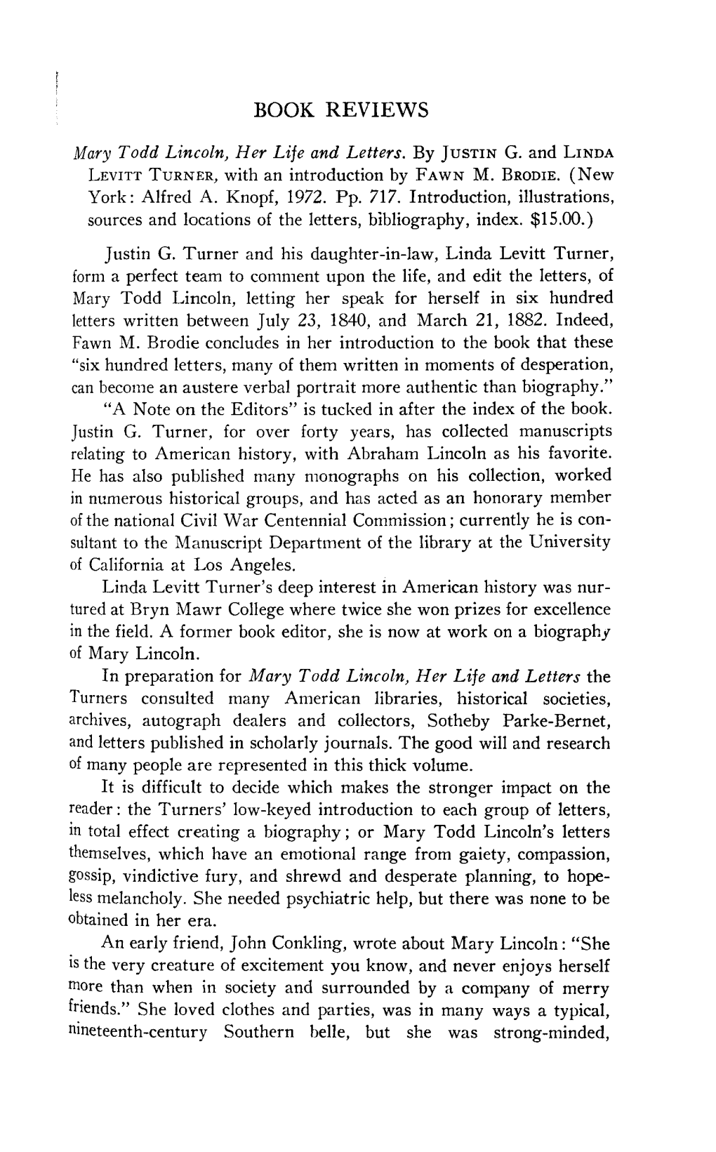 BOOK REVIEWS Mary Todd Lincoln, Her Lifeand Letters