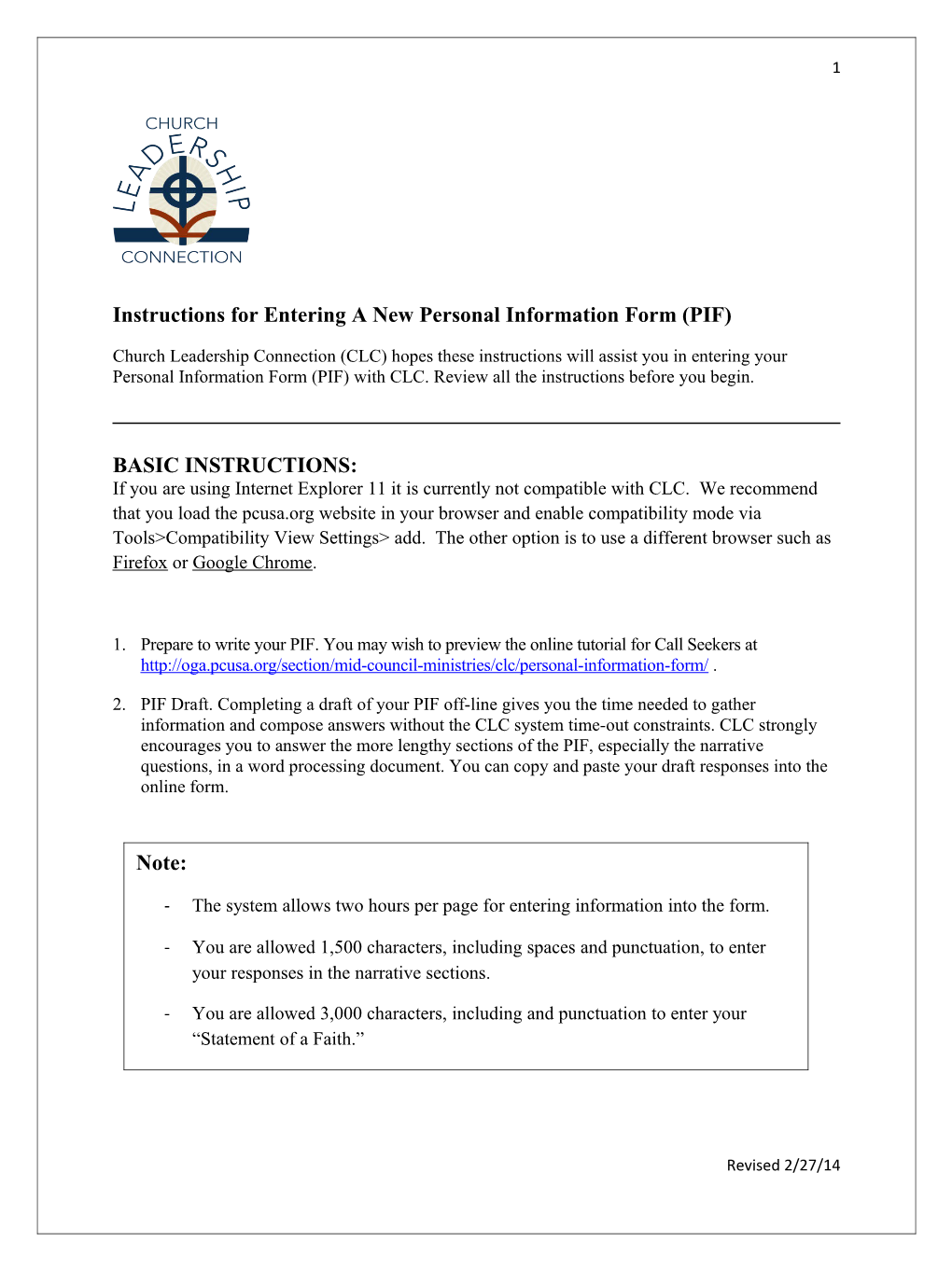 Instructions for Entering a New Personal Information Form (PIF)