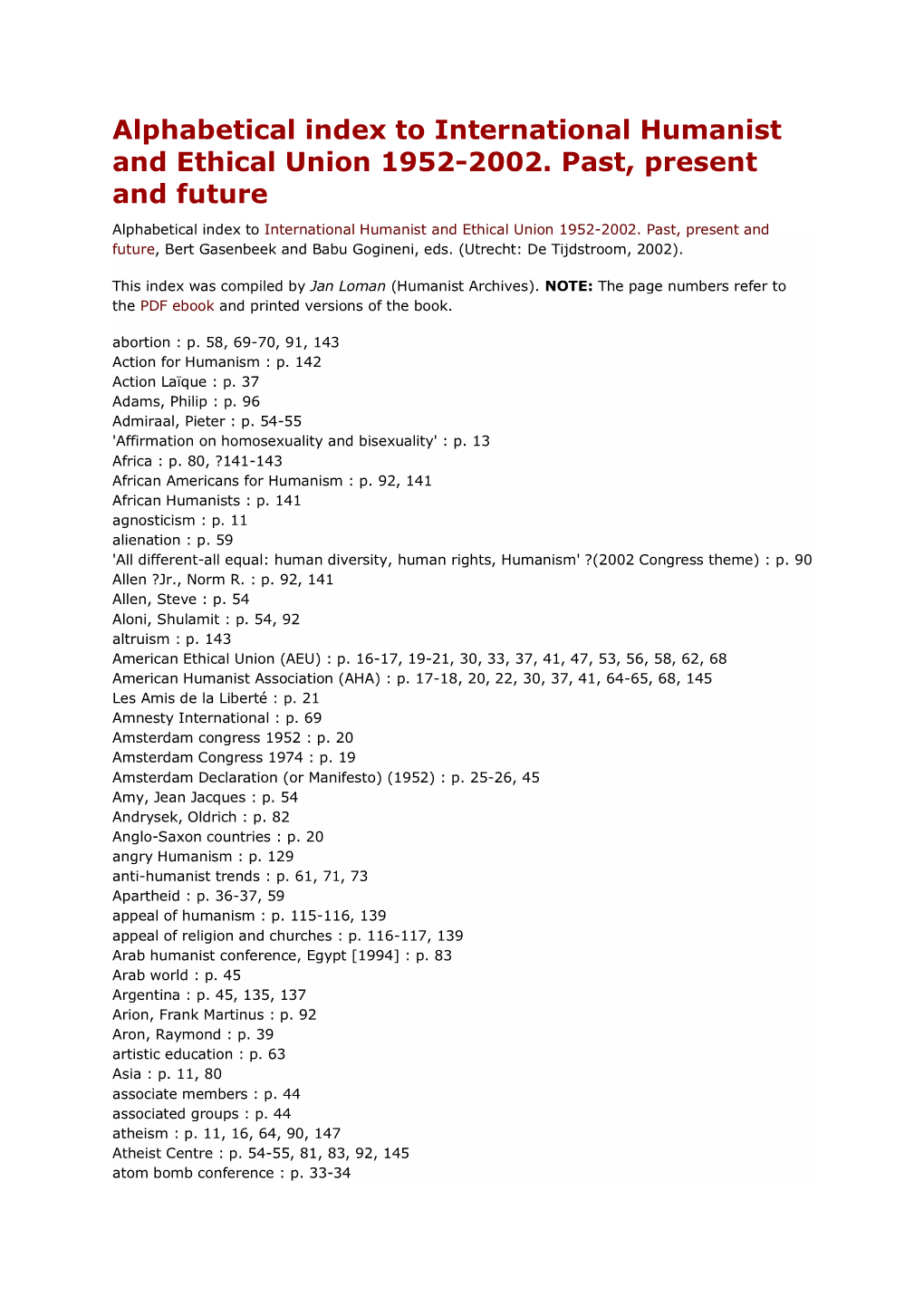 Alphabetical Index to International Humanist and Ethical Union 1952-2002. Past, Present and Future