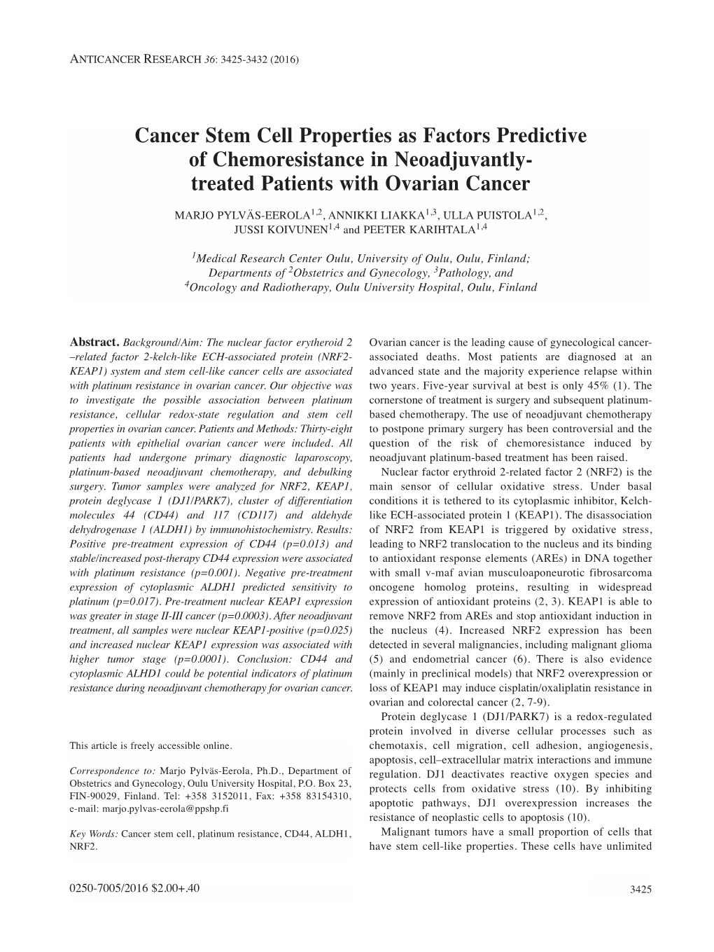 Cancer Stem Cell Properties As Factors Predictive of Chemoresistance in Neoadjuvantly- Treated Patients with Ovarian Cancer