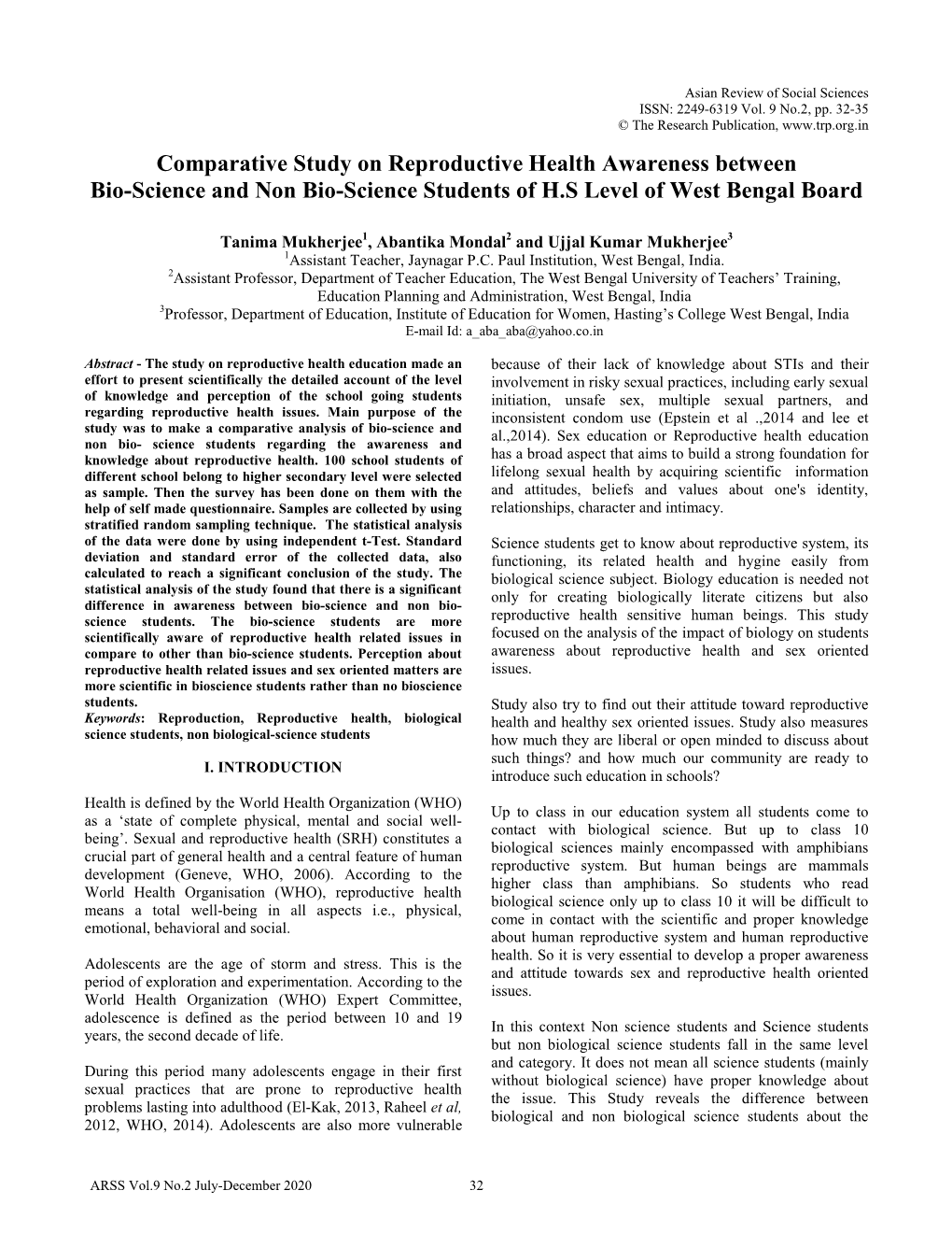 Comparative Study on Reproductive Health Awareness Between Bio-Science and Non Bio-Science Students of H.S Level of West Bengal Board