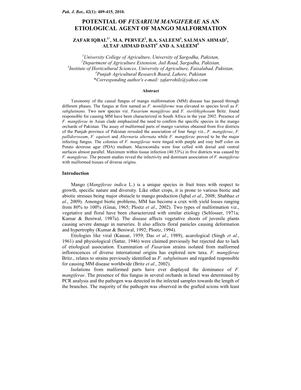 Potential of Fusarium Mangiferae As an Etiological Agent of Mango Malformation