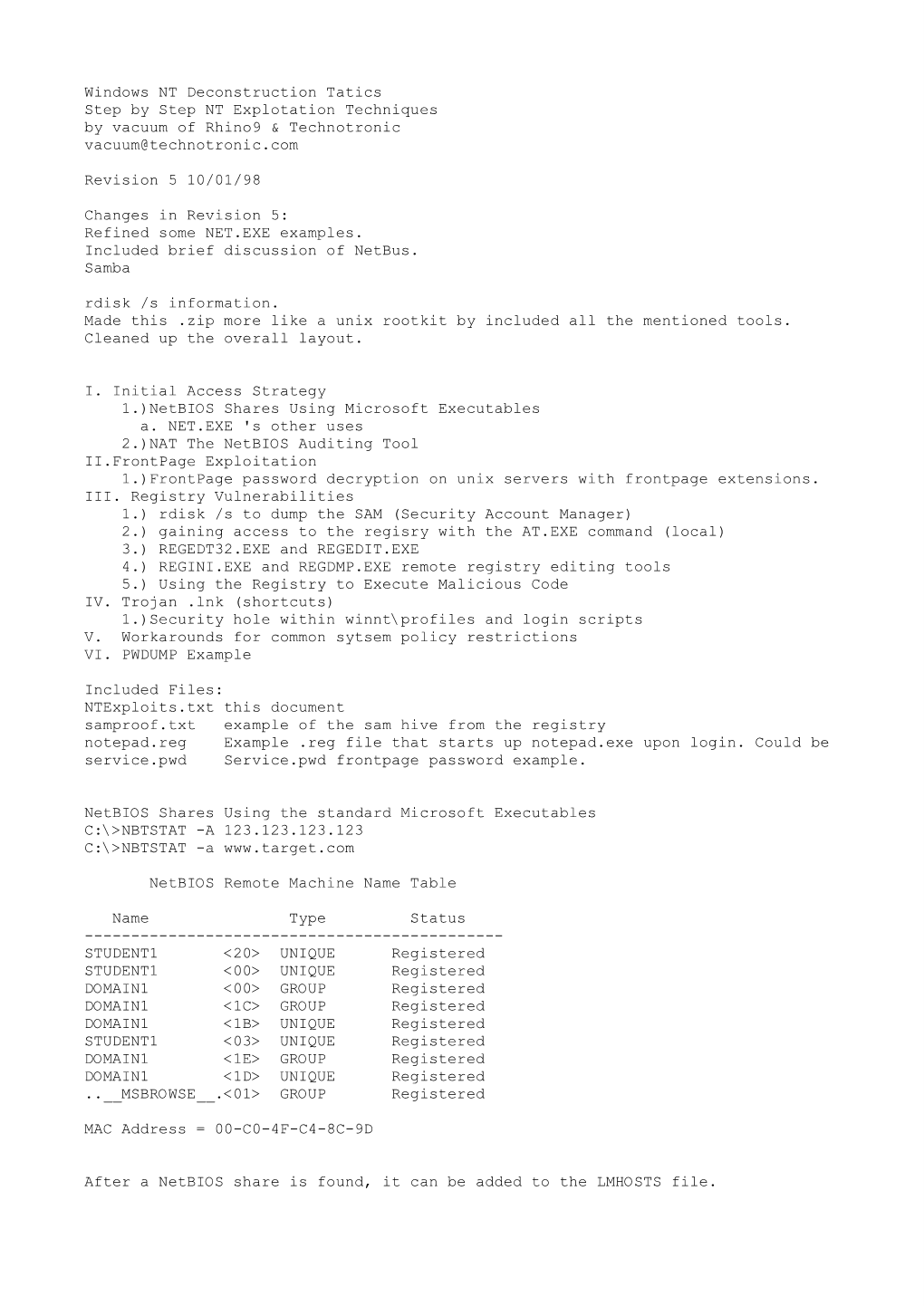 Windows NT Deconstruction Tatics Step by Step NT Explotation Techniques by Vacuum of Rhino9 & Technotronic Vacuum@Technotronic.Com