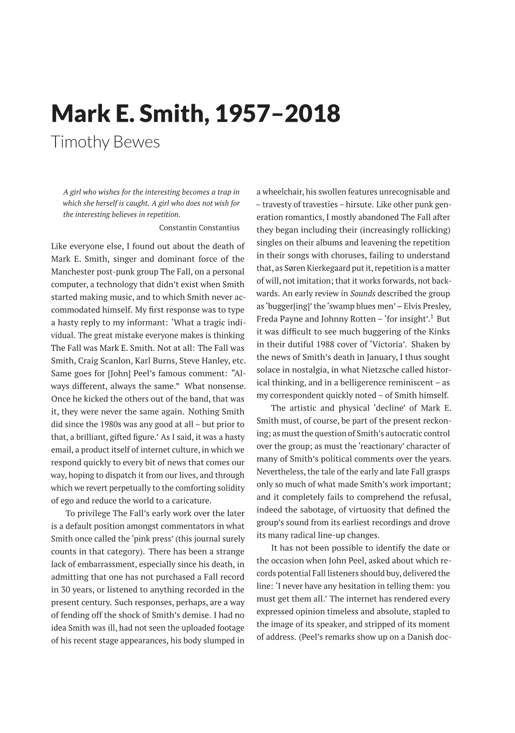 Mark E. Smith, 1957–2018 Timothy Bewes