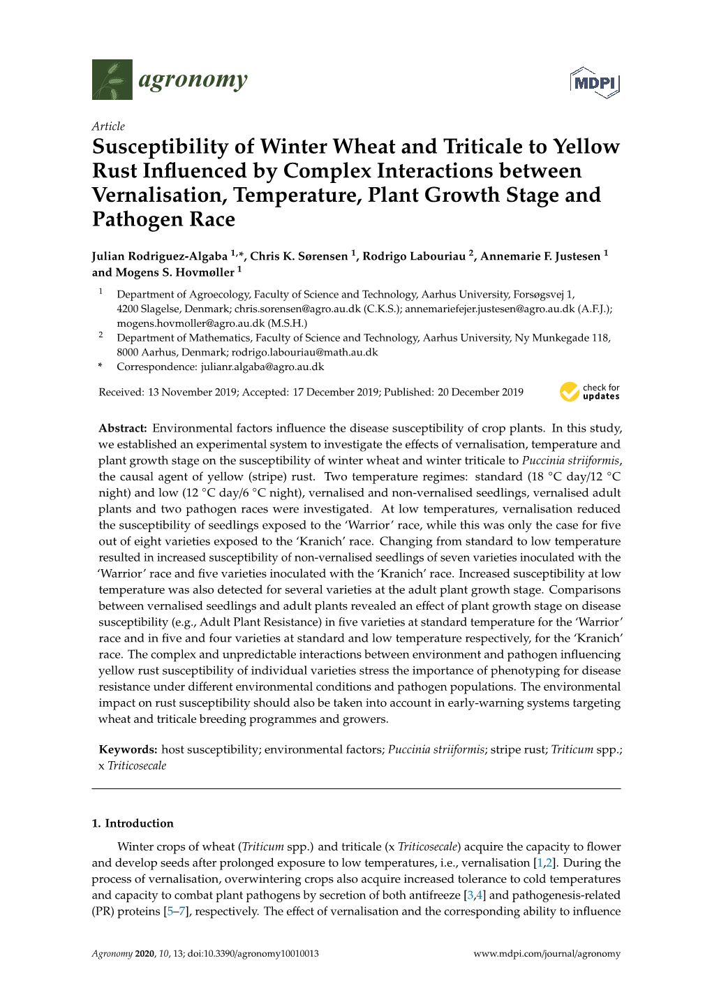 Susceptibility of Winter Wheat and Triticale to Yellow Rust Influenced