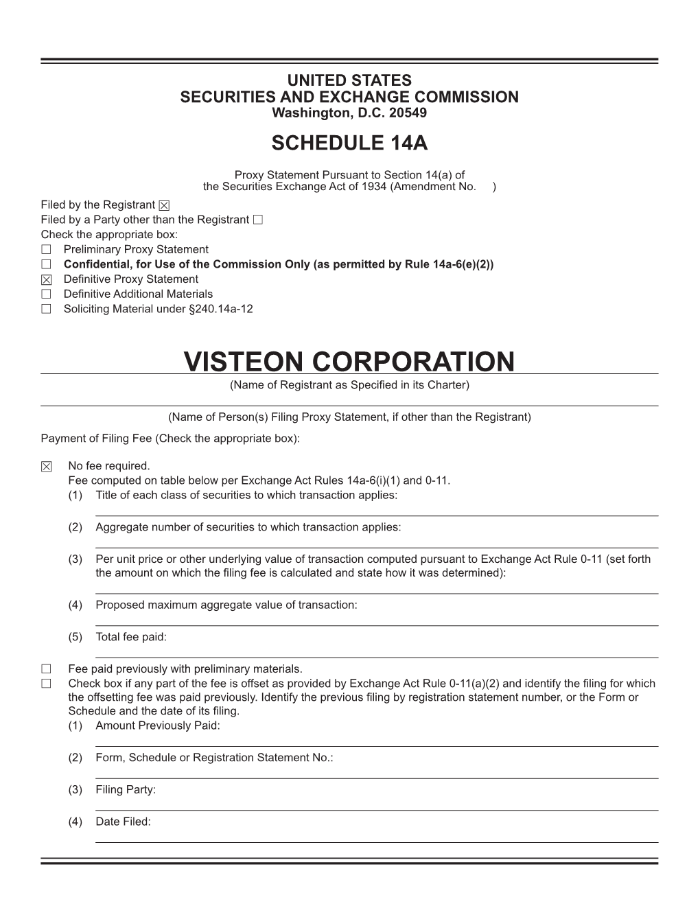 VISTEON CORPORATION (Name of Registrant As Specified in Its Charter)