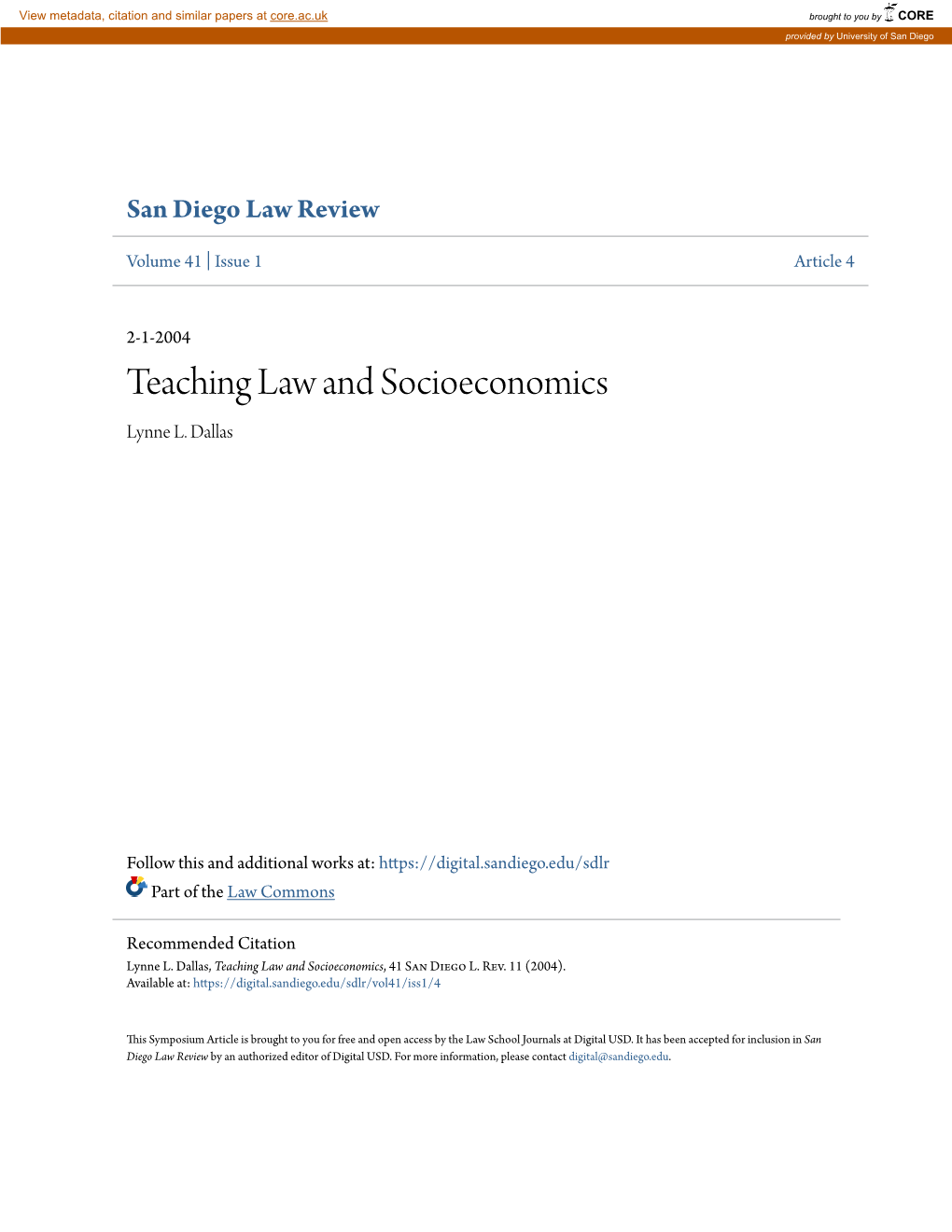 Teaching Law and Socioeconomics Lynne L