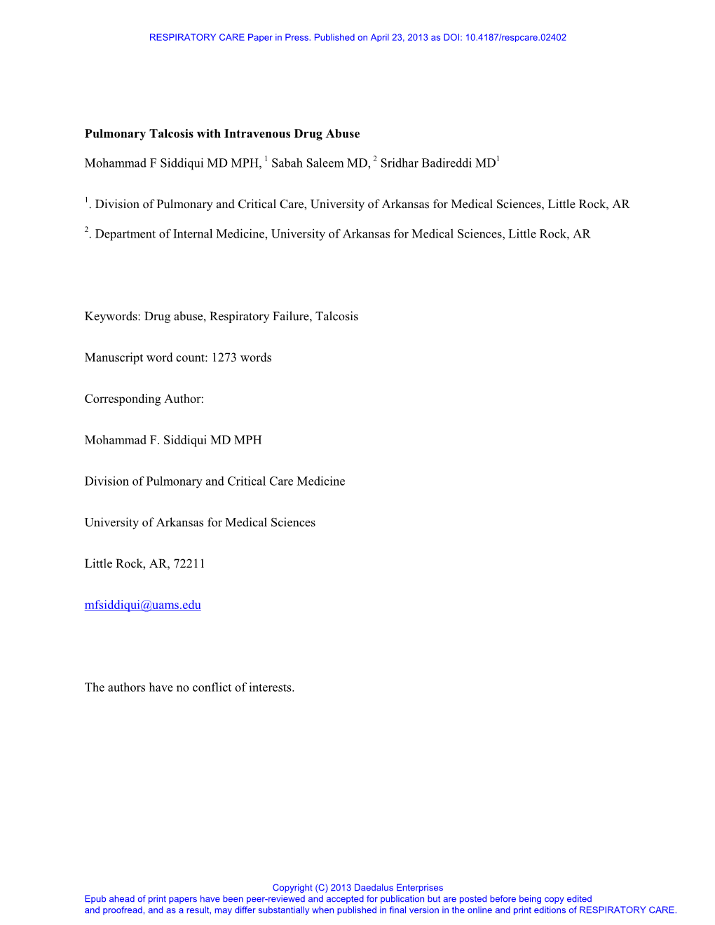 Pulmonary Talcosis with Intravenous Drug Abuse Mohammad F Siddiqui