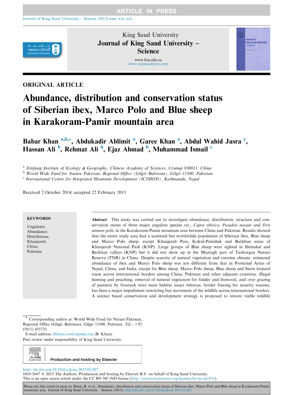 Abundance, Distribution and Conservation Status of Siberian Ibex, Marco Polo and Blue Sheep in Karakoram-Pamir Mountain Area